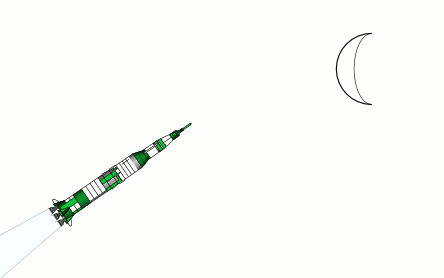 [dessin : en bas à gauche une fusée monte en diagonale, en haut à droite la lune]